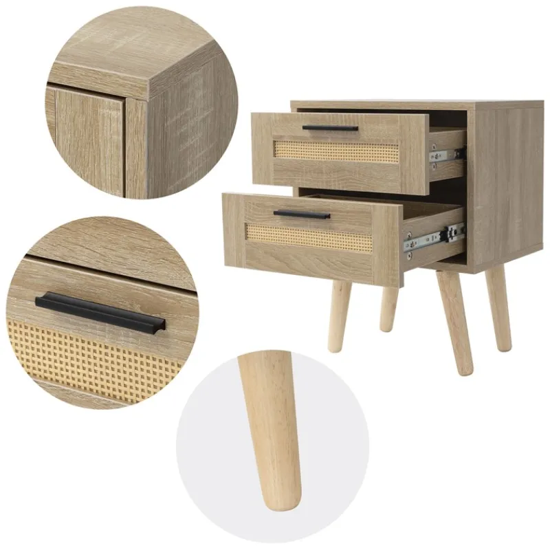 Nachttisch 40x50,5x30 cm Eiche-Optik Beistelltisch mit 2 Schubladen und Rattanfront & Massivholzfüßen ML-Design-ECD Germany