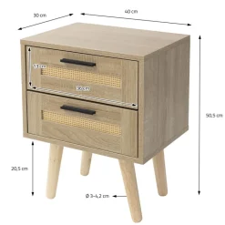 Nachttisch 40x50,5x30 cm Eiche-Optik Beistelltisch mit 2 Schubladen und Rattanfront & Massivholzfüßen ML-Design-ECD Germany