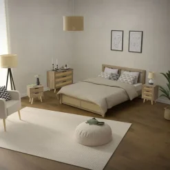 Nachttisch 40x50,5x30 cm Eiche-Optik Beistelltisch mit 2 Schubladen und Rattanfront & Massivholzfüßen ML-Design-ECD Germany