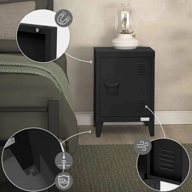 Nachttisch 40x30x58 cm Schwarz aus Stahl mit verstellbarer Regalboden ML Design-ECD Germany Clearance