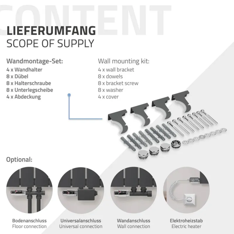 Paneelheizkörper Einlagig 600x300 mm Anthrazit mit Boden Anschlussgarnitur ML-Design-ECD Germany Hot