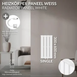 Paneelheizkörper Einlagig 300x600 mm Weiß mit Universale Anschlussgarnitur ML-Design-ECD Germany Outlet