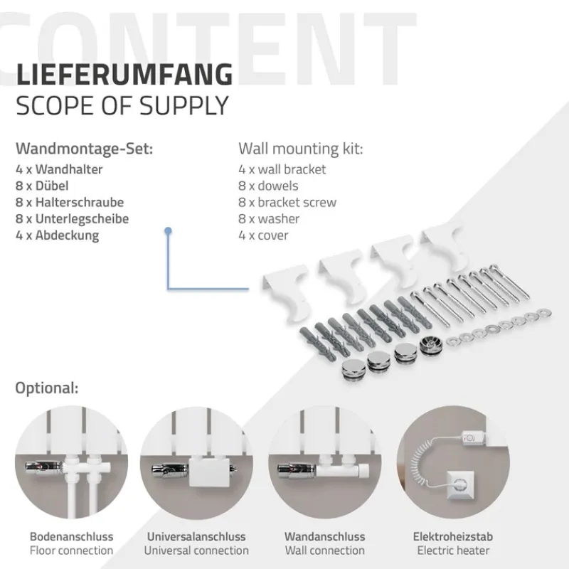 Paneelheizkörper Einlagig 300x600 mm Weiß mit Boden Anschlussgarnitur ML-Design-ECD Germany Hot