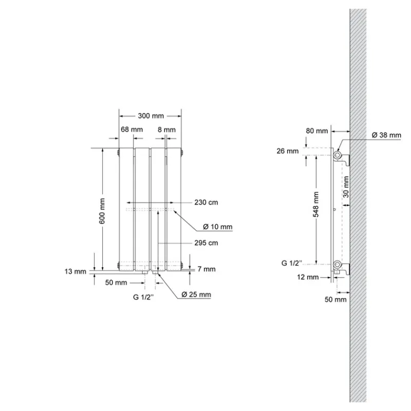 Paneelheizkörper Einlagig 300x600 mm Weiß mit Boden Anschlussgarnitur ML-Design-ECD Germany Hot
