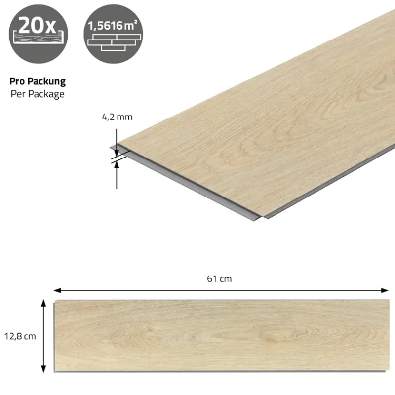 PVC Vinylboden Bodenbelag Set à 20 Dielen 4,2mm für 1,56m² mit Klick-System Fischgräte Eiche natur ML-Design-ECD Germany