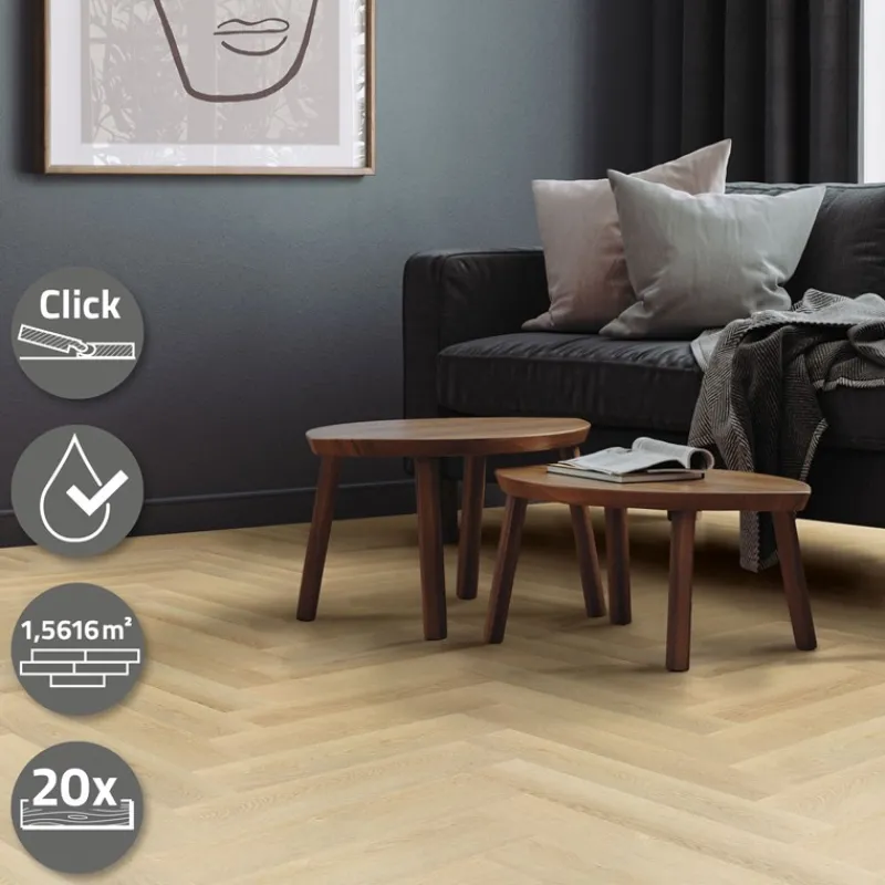 PVC Vinylboden Bodenbelag Set à 20 Dielen 4,2mm für 1,56m² mit Klick-System Fischgräte Eiche natur ML-Design-ECD Germany