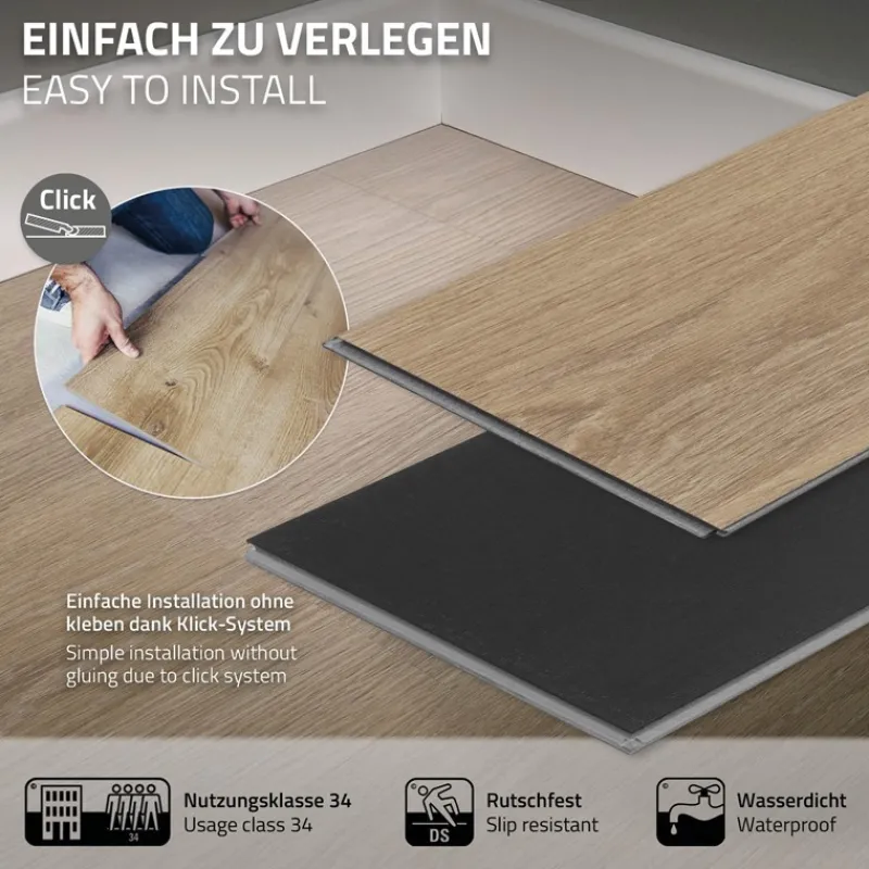 PVC Vinylboden Bodenbelag Set 7 Dielen 4,2mm für 1,54m² mit Klick-System Eiche Golden Hour ML-Design-ECD Germany New