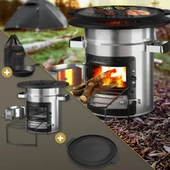 Raketenofen silber aus Stahl inkl. Gusseisen Grillplatte und Tragetasche BBQ#BOSS-ECD Germany Best