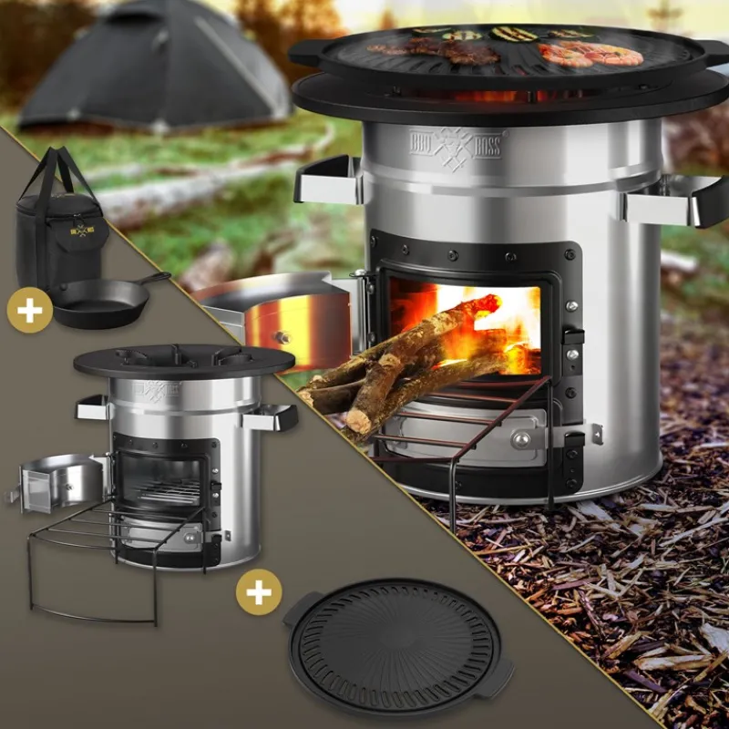 Raketenofen silber aus Stahl inkl. Gusseisen Grillplatte und Tragetasche BBQ#BOSS-ECD Germany Best