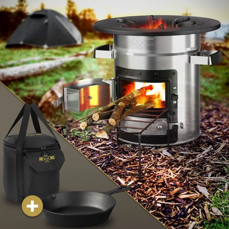 Raketenofen silber aus Stahl inkl. Gusseisen Grillplatte und Tragetasche BBQ#BOSS-ECD Germany Best