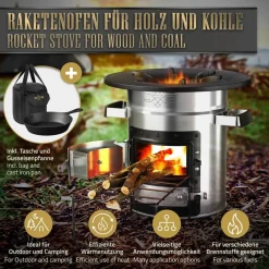 Raketenofen silber aus Stahl inkl. Gusseisen Grillplatte und Tragetasche BBQ#BOSS-ECD Germany Best