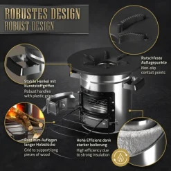 Raketenofen silber aus Stahl inkl. Gusseisen Grillplatte und Tragetasche BBQ#BOSS-ECD Germany Best