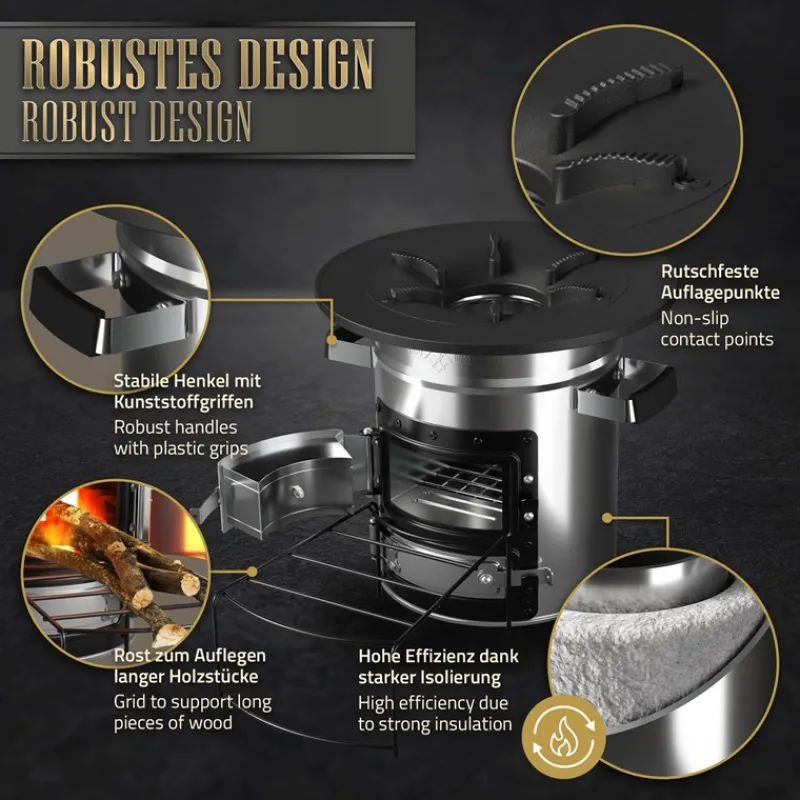 Raketenofen silber aus Stahl inkl. Gusseisen Grillplatte und Tragetasche BBQ#BOSS-ECD Germany Best