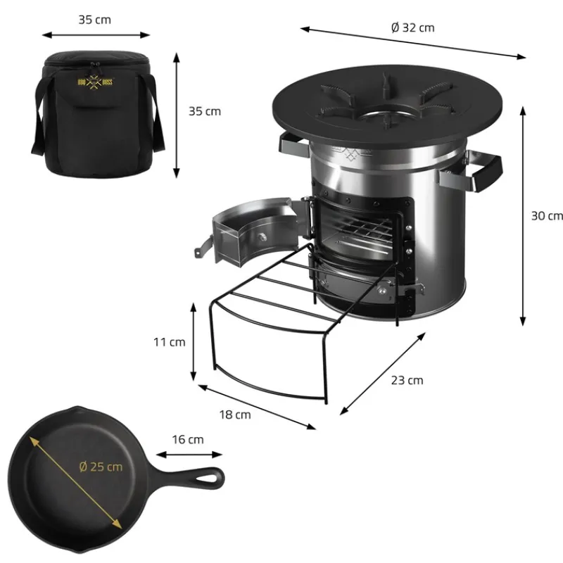 Raketenofen silber aus Stahl inkl. Gusseisen Grillplatte und Tragetasche BBQ#BOSS-ECD Germany Best