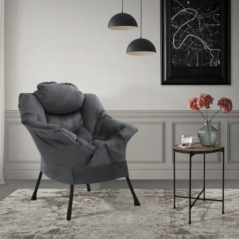 Relaxsessel Anthrazit mit Armlehnen und dickem Kopfkissen und Metallgestell Loungesessel bis 120 kg ML-Design-ECD Germany Discount