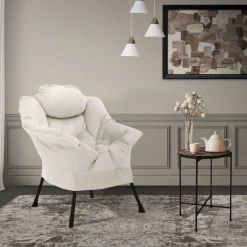 Relaxsessel Creme mit Armlehnen und dickem Kopfkissen und Metallgestell Loungesessel bis 120 kg ML-Design-ECD Germany Outlet