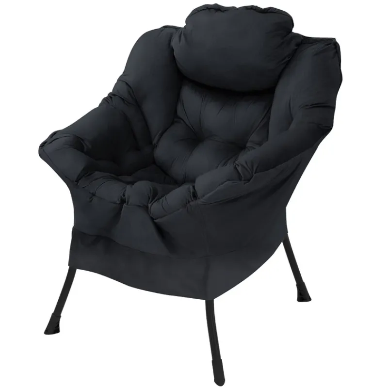 Relaxsessel Schwarz mit Armlehnen und dickem Kopfkissen und Metallgestell Loungesessel bis 120 kg ML-Design-ECD Germany Best