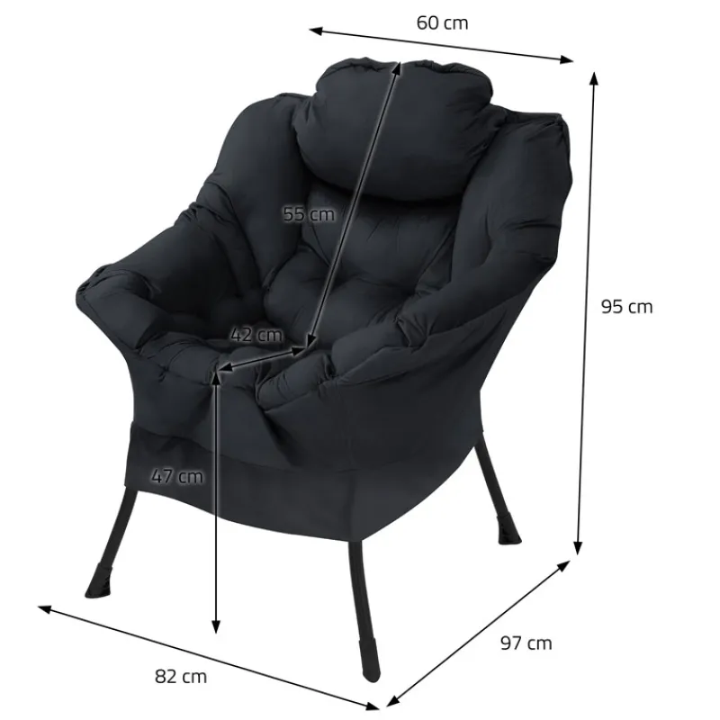 Relaxsessel Schwarz mit Armlehnen und dickem Kopfkissen und Metallgestell Loungesessel bis 120 kg ML-Design-ECD Germany Best