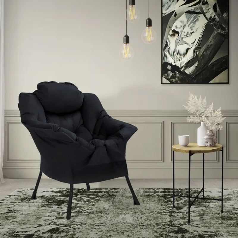 Relaxsessel Schwarz mit Armlehnen und dickem Kopfkissen und Metallgestell Loungesessel bis 120 kg ML-Design-ECD Germany Best