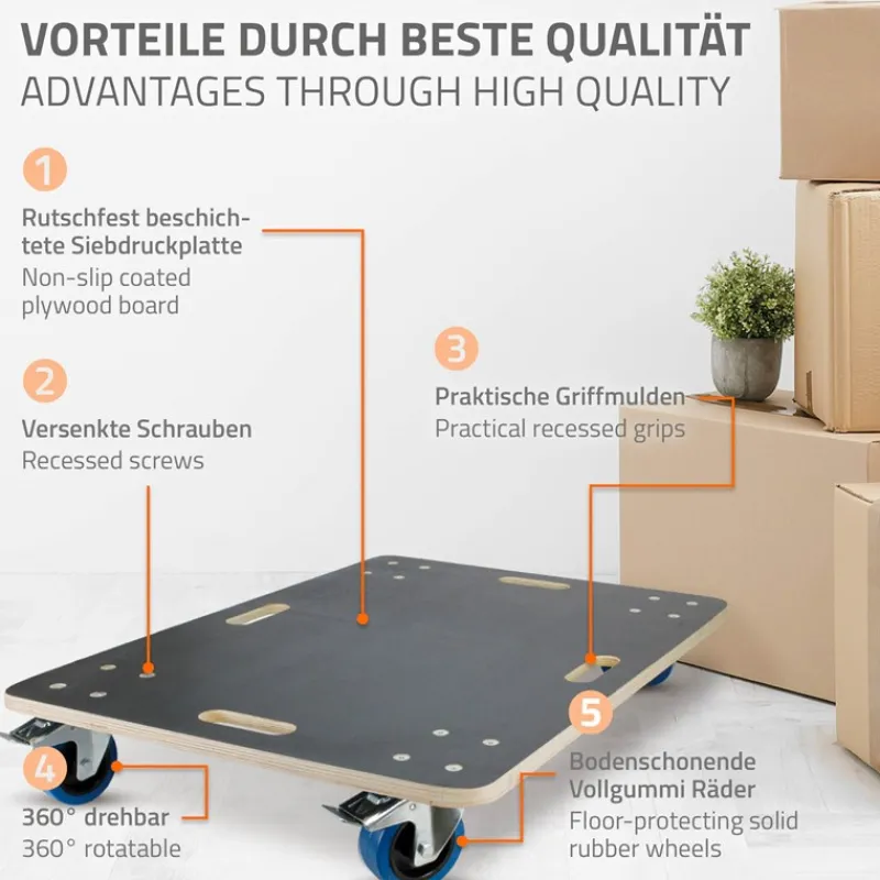 Rollbrett Möbelroller 60 x 80 cm aus Multiplex mit Feststellbremsen Tragkraft 800 kg-ECD Germany Online