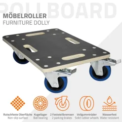Rollbrett Möbelroller 35 x 50 cm aus Multiplex mit Feststellbremsen Traglast 800 kg-ECD Germany