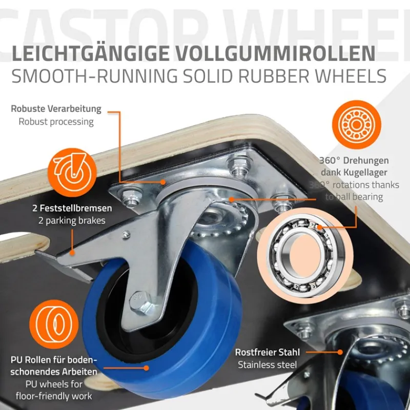 Rollbrett Möbelroller 35 x 50 cm aus Multiplex mit Feststellbremsen Traglast 800 kg-ECD Germany