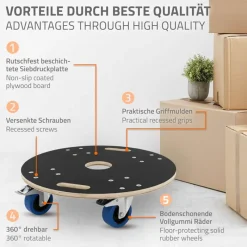 Rollbrett Möbelroller rund Ø 57 cm aus Multiplex mit Feststellbremsen Tragkraft 800 kg-ECD Germany Outlet