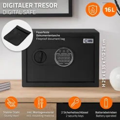 Safe Tresor 16L aus Stahl mit Elektronikschloss, Notschlüsseln und feuerfester Tasche-ECD Germany
