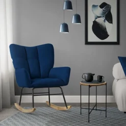 Schaukelstuhl mit Armlehnen in Frottee Dunkelblau bis 120 kg Naturholz Schaukelsessel Relaxstuhl-ECD Germany Hot