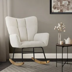 Schaukelstuhl mit Armlehnen in Frottee Beige bis 120 kg Naturholz Schaukelsessel Relaxstuhl-ECD Germany Online