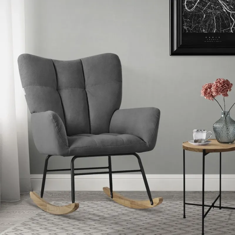 Schaukelstuhl mit Armlehnen in Frottee Dunkelgrau bis 120 kg Naturholz Schaukelsessel Relaxstuhl-ECD Germany