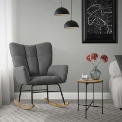 Schaukelstuhl mit Armlehnen in Frottee Dunkelgrau bis 120 kg Naturholz Schaukelsessel Relaxstuhl-ECD Germany