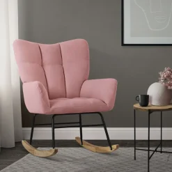 Schaukelstuhl mit Armlehnen in Frottee Rosa bis 120 kg Naturholz Schaukelsessel Relaxstuhl-ECD Germany Discount