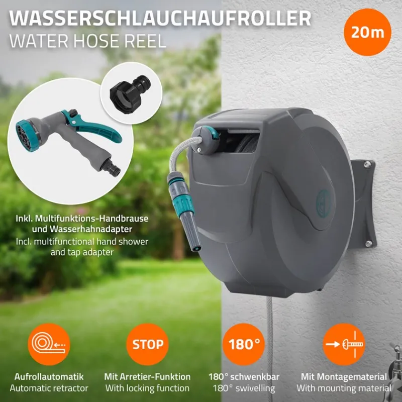 Schlauchaufroller 20m+2m Schlauchtrommel Wand-Schlauchbox RollUp mit Arretierstop und 9 Sprühfunktionen 180° Schwenkbar-ECD Germany Best