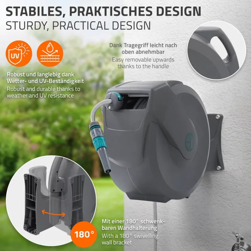 Schlauchaufroller 20m+2m Schlauchtrommel Wand-Schlauchbox RollUp mit Arretierstop und 9 Sprühfunktionen 180° Schwenkbar-ECD Germany Best