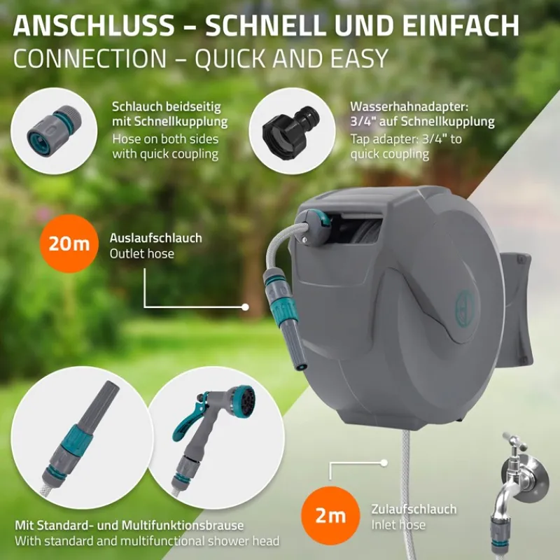 Schlauchaufroller 20m+2m Schlauchtrommel Wand-Schlauchbox RollUp mit Arretierstop und 9 Sprühfunktionen 180° Schwenkbar-ECD Germany Best