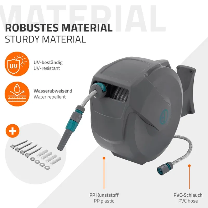 Schlauchaufroller 20m+2m Schlauchtrommel Wand-Schlauchbox RollUp mit Arretierstop und 9 Sprühfunktionen 180° Schwenkbar-ECD Germany Best
