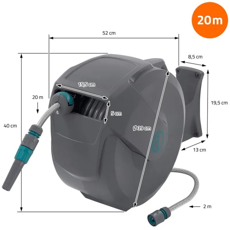 Schlauchaufroller 20m+2m Schlauchtrommel Wand-Schlauchbox RollUp mit Arretierstop und 9 Sprühfunktionen 180° Schwenkbar-ECD Germany Best