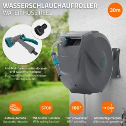 Schlauchaufroller 30m+2m Schlauchtrommel Wand-Schlauchbox RollUp mit Arretierstop und 9 Sprühfunktionen 180° Schwenkbar-ECD Germany New