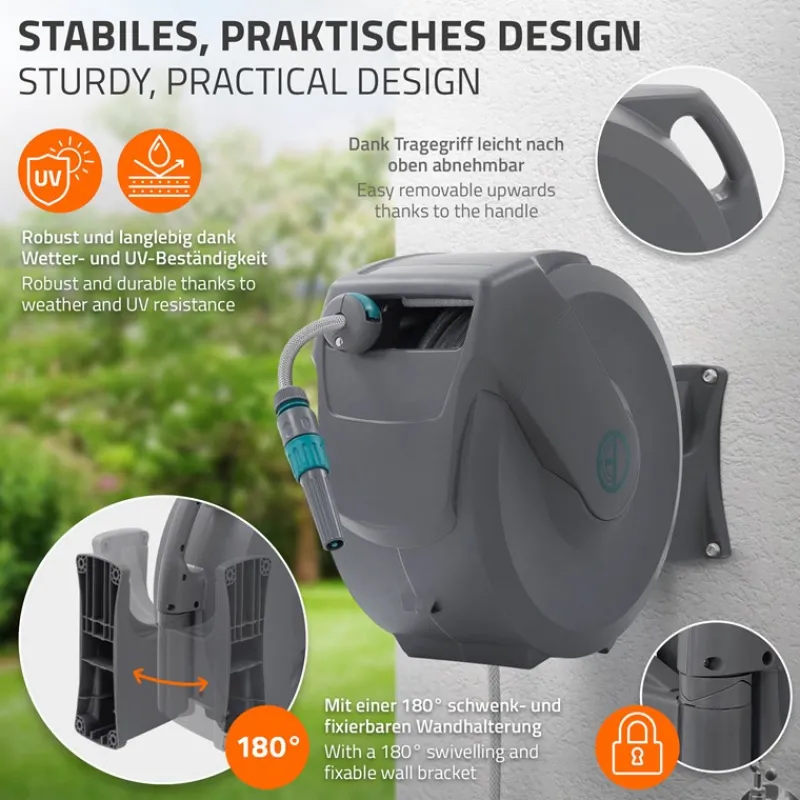Schlauchaufroller 30m+2m Schlauchtrommel Wand-Schlauchbox RollUp mit Arretierstop und 9 Sprühfunktionen 180° Schwenkbar-ECD Germany New