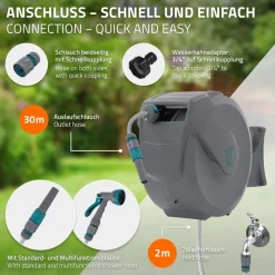 Schlauchaufroller 30m+2m Schlauchtrommel Wand-Schlauchbox RollUp mit Arretierstop und 9 Sprühfunktionen 180° Schwenkbar-ECD Germany New