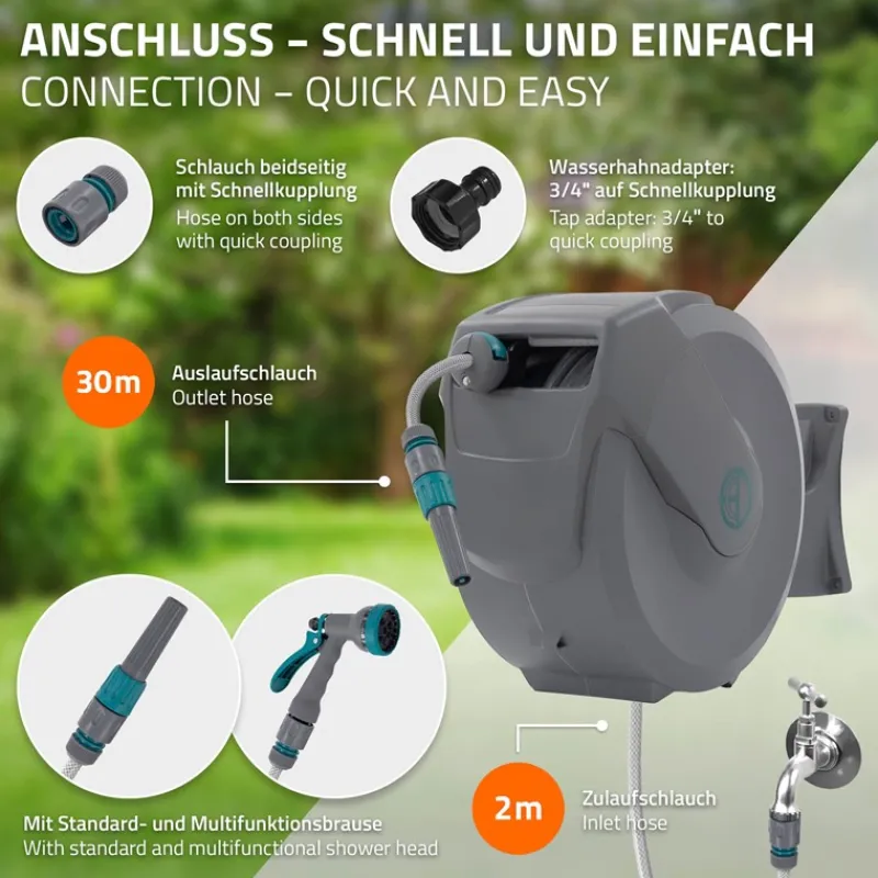 Schlauchaufroller 30m+2m Schlauchtrommel Wand-Schlauchbox RollUp mit Arretierstop und 9 Sprühfunktionen 180° Schwenkbar-ECD Germany New