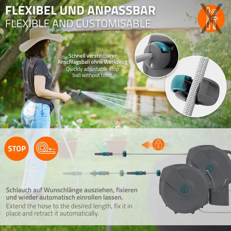 Schlauchaufroller 30m+2m Schlauchtrommel Wand-Schlauchbox RollUp mit Arretierstop und 9 Sprühfunktionen 180° Schwenkbar-ECD Germany New