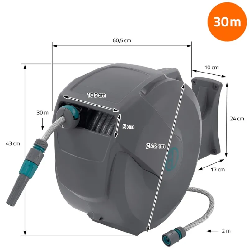 Schlauchaufroller 30m+2m Schlauchtrommel Wand-Schlauchbox RollUp mit Arretierstop und 9 Sprühfunktionen 180° Schwenkbar-ECD Germany New