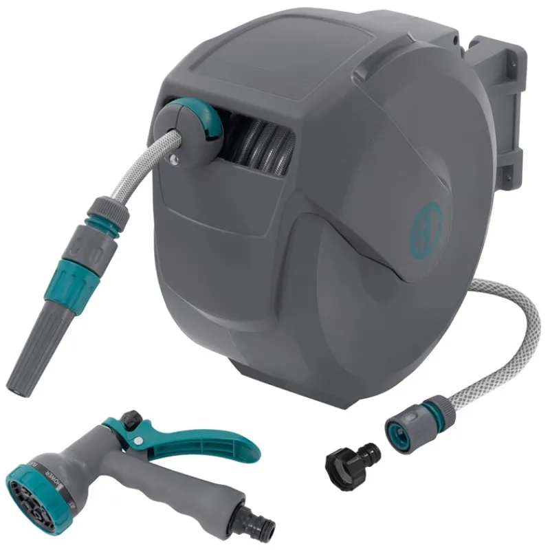 Schlauchaufroller 15m+1.5m Schlauchtrommel Wand-Schlauchbox RollUp mit Arretierstop und 9 Sprühfunktionen 180° Schwenkbar-ECD Germany New