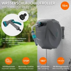 Schlauchaufroller 15m+1.5m Schlauchtrommel Wand-Schlauchbox RollUp mit Arretierstop und 9 Sprühfunktionen 180° Schwenkbar-ECD Germany New