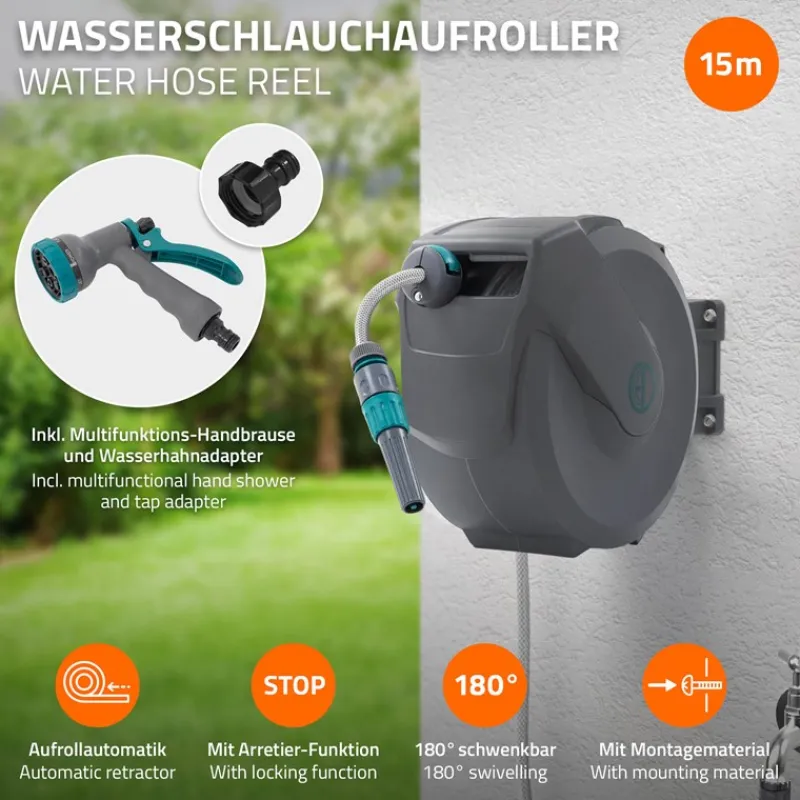 Schlauchaufroller 15m+1.5m Schlauchtrommel Wand-Schlauchbox RollUp mit Arretierstop und 9 Sprühfunktionen 180° Schwenkbar-ECD Germany New