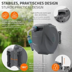 Schlauchaufroller 15m+1.5m Schlauchtrommel Wand-Schlauchbox RollUp mit Arretierstop und 9 Sprühfunktionen 180° Schwenkbar-ECD Germany New