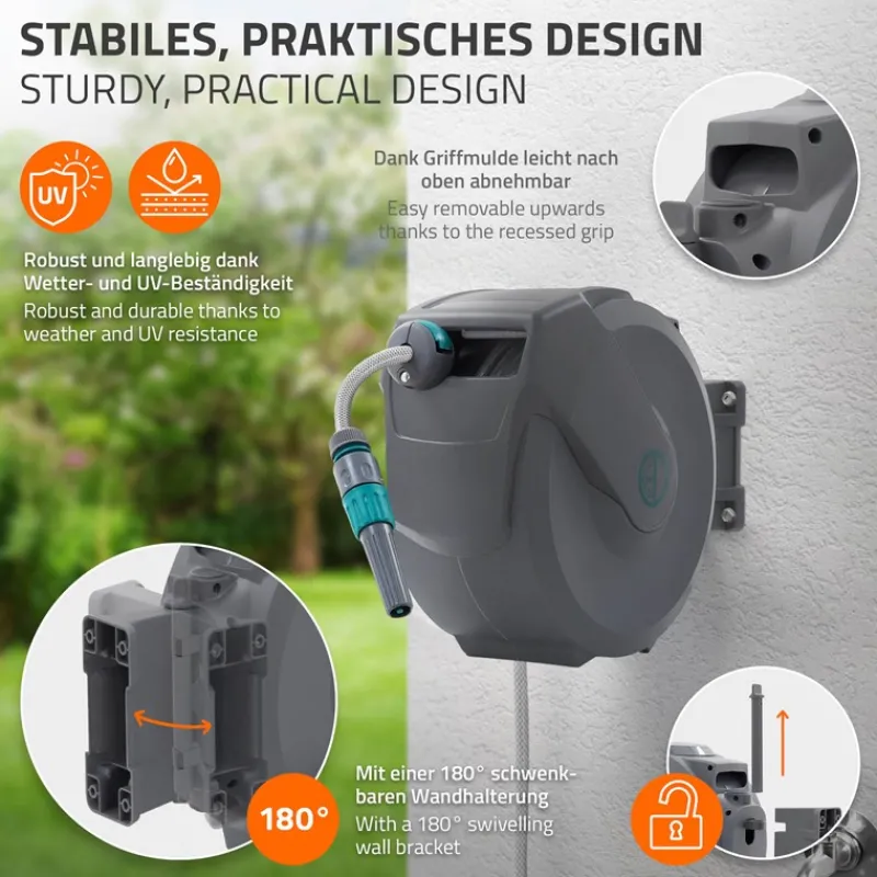 Schlauchaufroller 15m+1.5m Schlauchtrommel Wand-Schlauchbox RollUp mit Arretierstop und 9 Sprühfunktionen 180° Schwenkbar-ECD Germany New