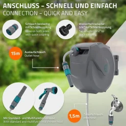 Schlauchaufroller 15m+1.5m Schlauchtrommel Wand-Schlauchbox RollUp mit Arretierstop und 9 Sprühfunktionen 180° Schwenkbar-ECD Germany New